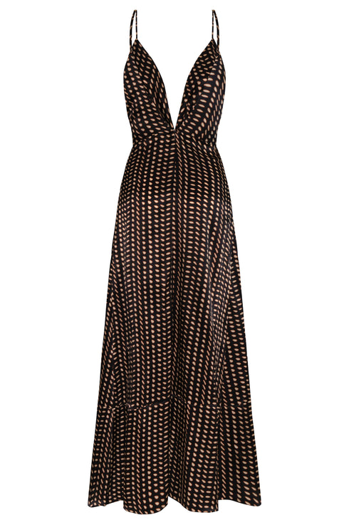 Sabina Satin Silk Midi Dress / Black & Ivory Seeds